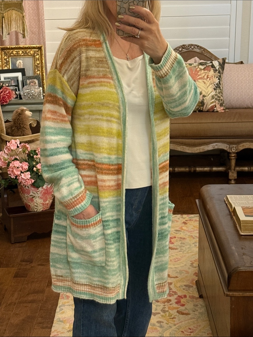 Soft Surroundings Pastel Striped Open-Front Cardigan in Mint, Yellow & Peach
